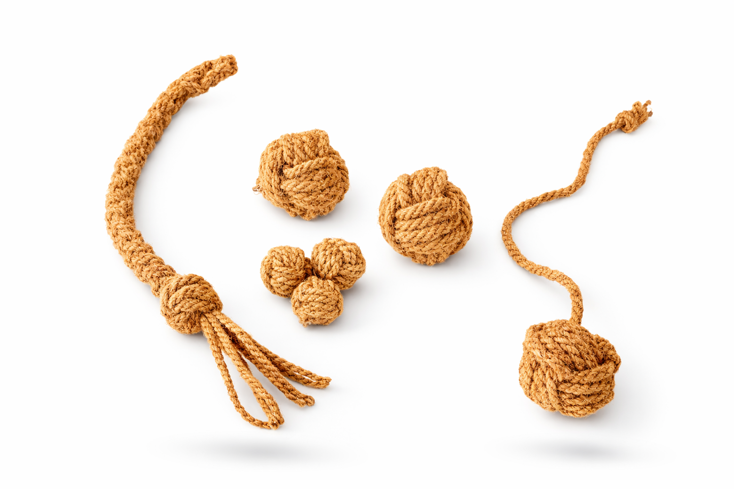 Set of brown rope toys on a white background
