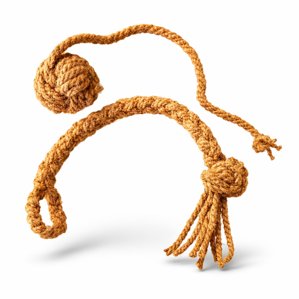 Brown knotted rope toy on a white background