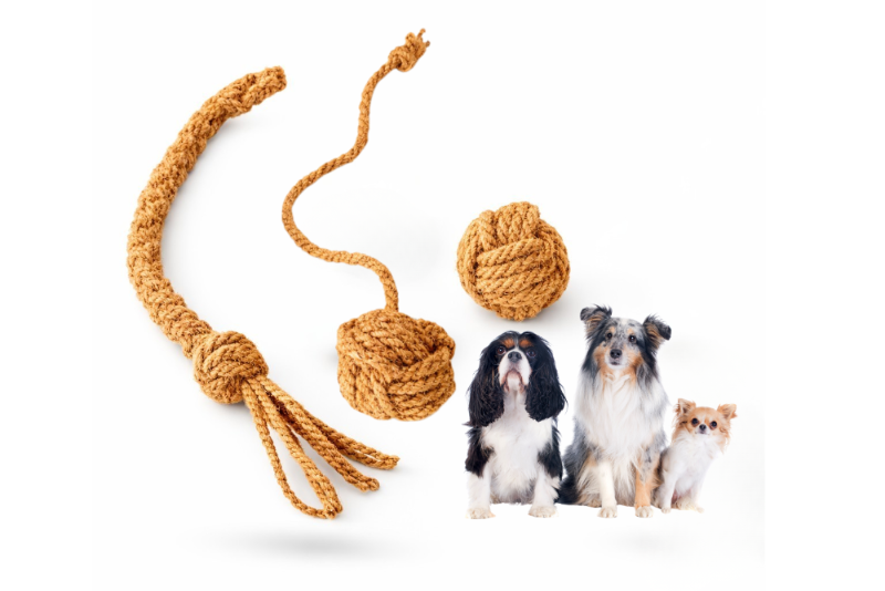 Eco-friendly dog toy bundle featuring coconut husk rope toy, ball with string, and chew ball for interactive play and toy rotation by Freya & Dax
